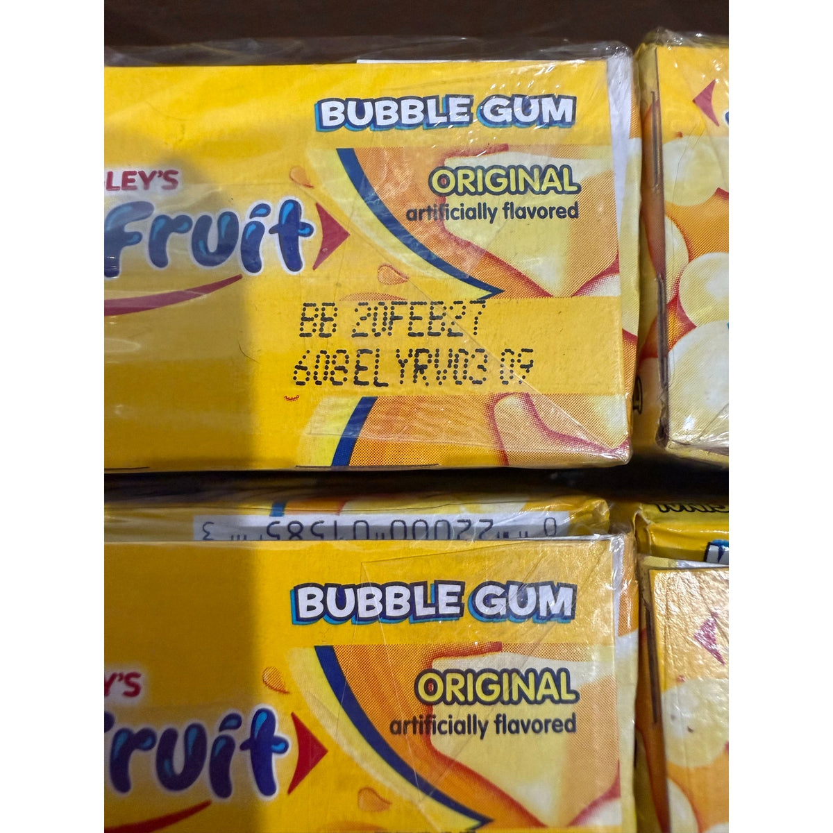 Unopened packs of Juicy Fruit Bubble Gum 18 pack in a box