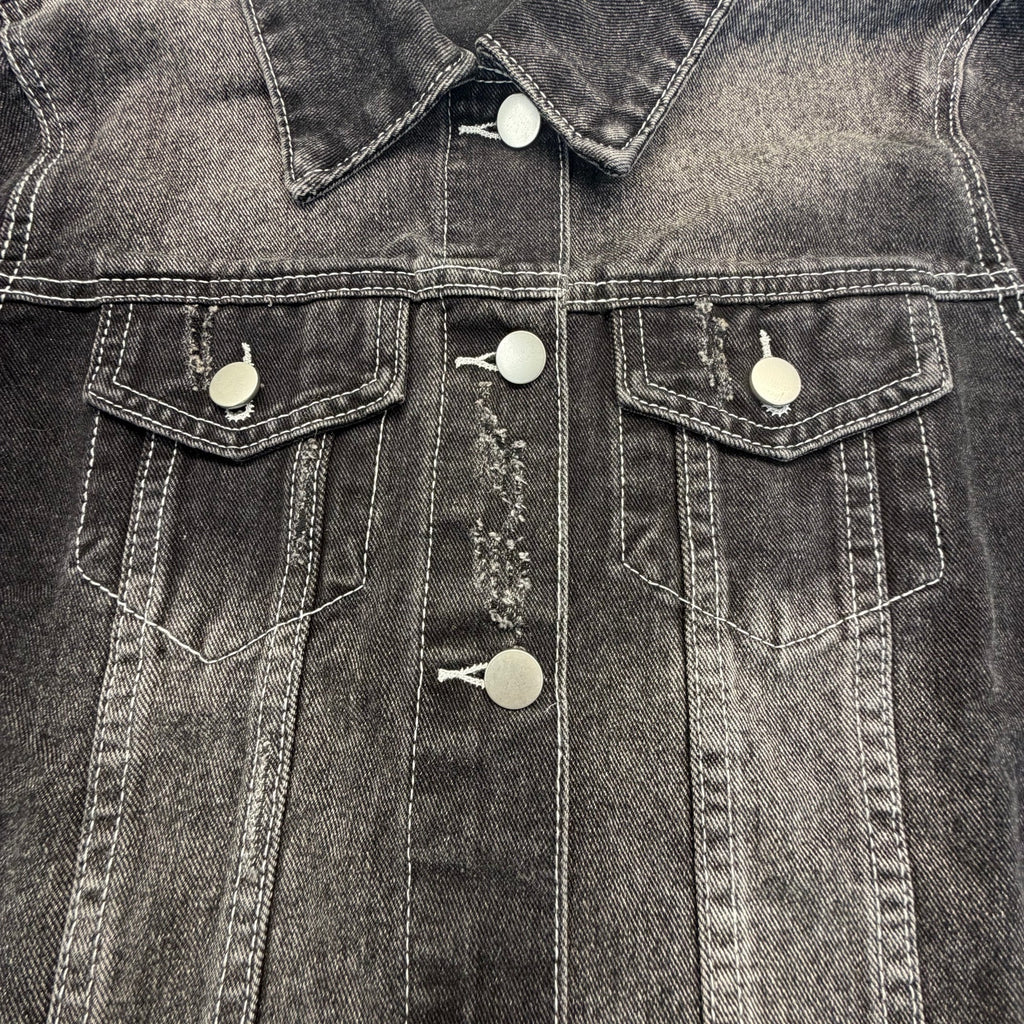 Women's Washed Distressed Cropped Raw Hem Black Denim Jacket Size S