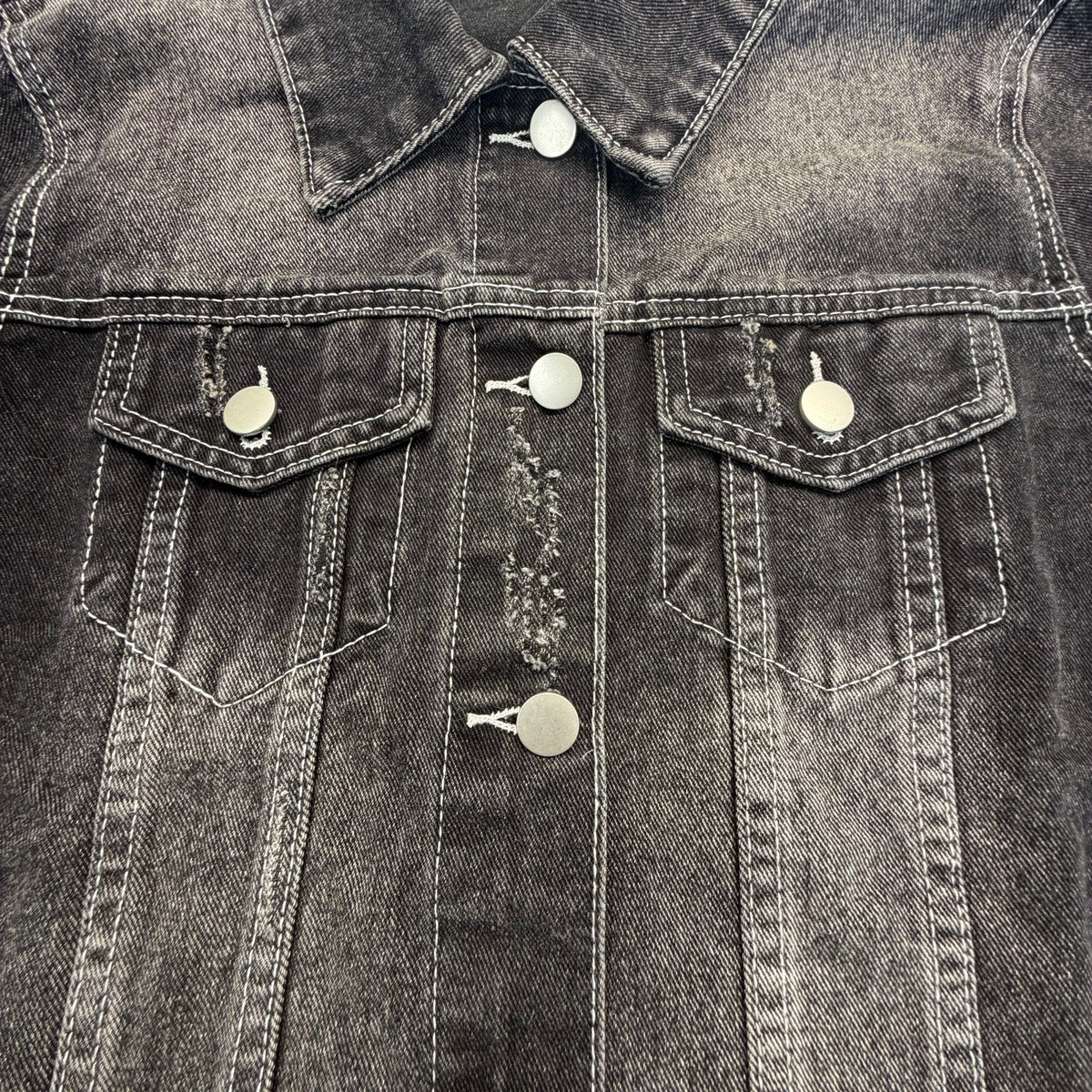 Women's Washed Distressed Cropped Raw Hem Black Denim Jacket Size S