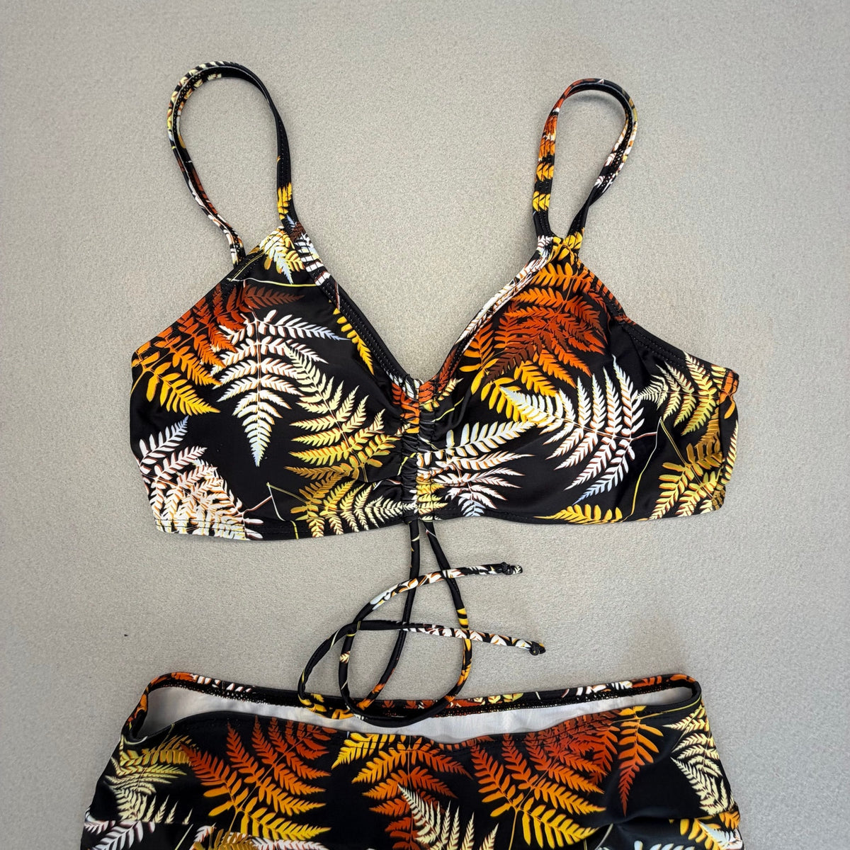3 pc Women's Tropical Leaf Print Front Tie Bikini High Waist Shorts Swimwear with Kimono Cover Up Size M