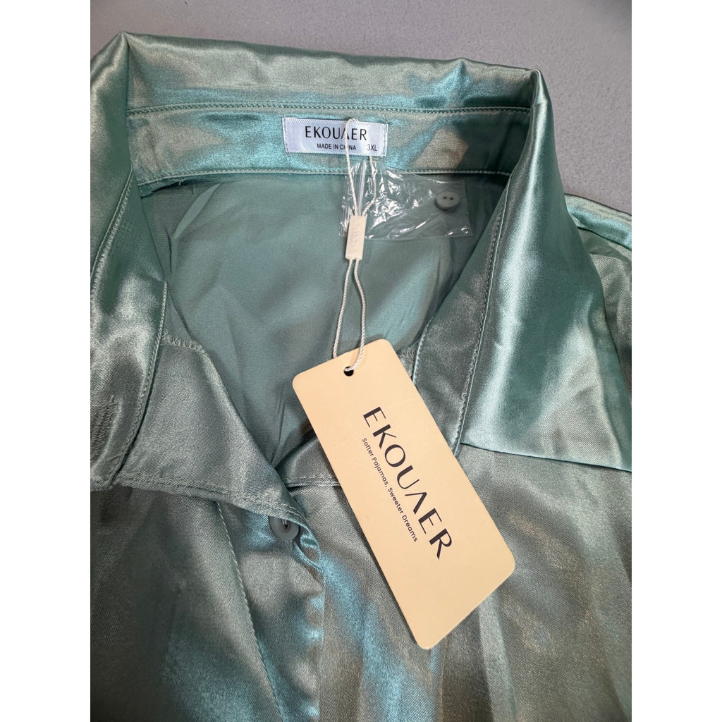Ekouaer Silky Satin Short Sleeve Button-Down Nightshirt - Mint Green