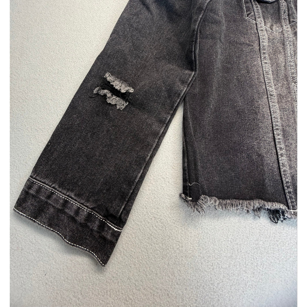 Women's Washed Distressed Cropped Raw Hem Black Denim Jacket Size S