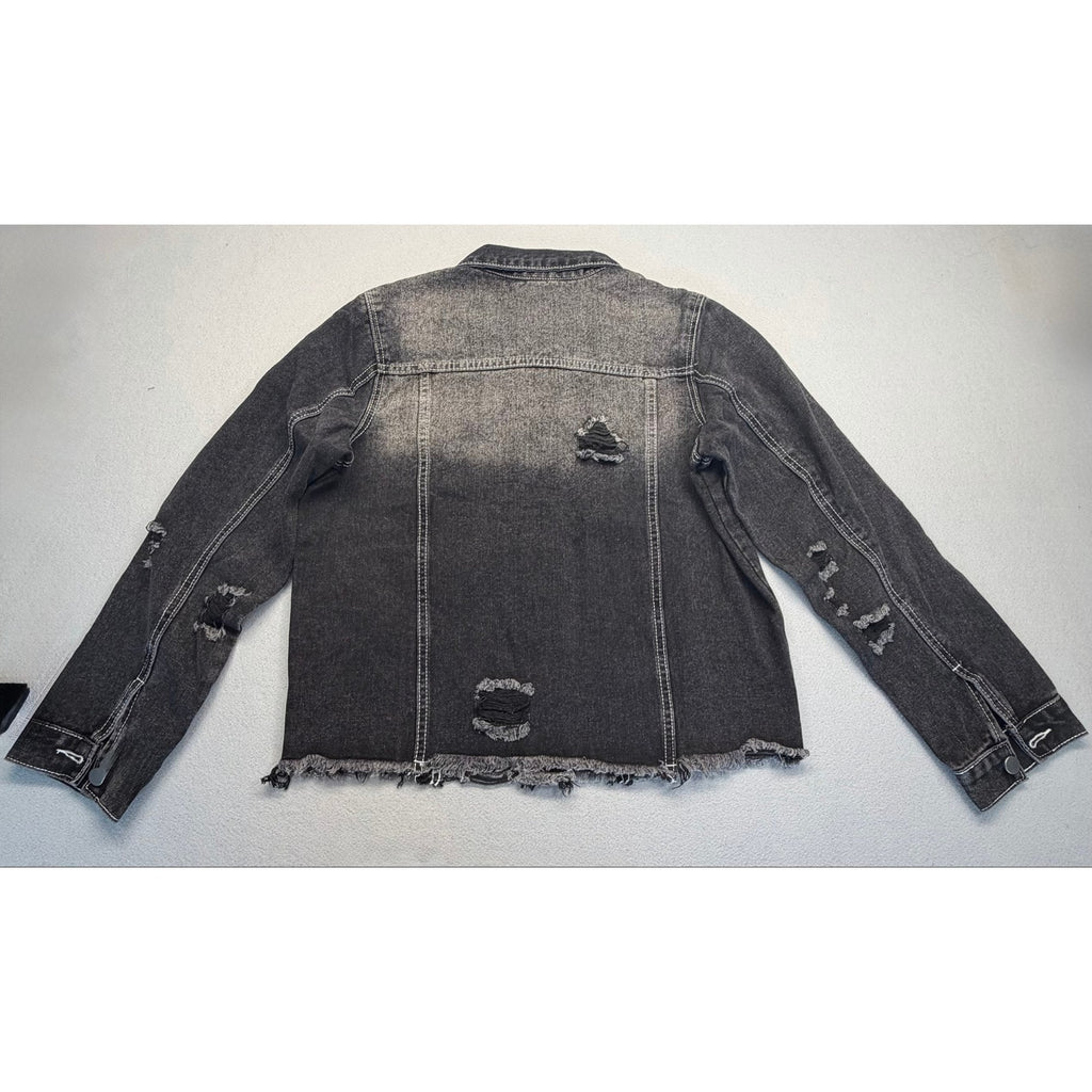 Women's Washed Distressed Cropped Raw Hem Black Denim Jacket Size S