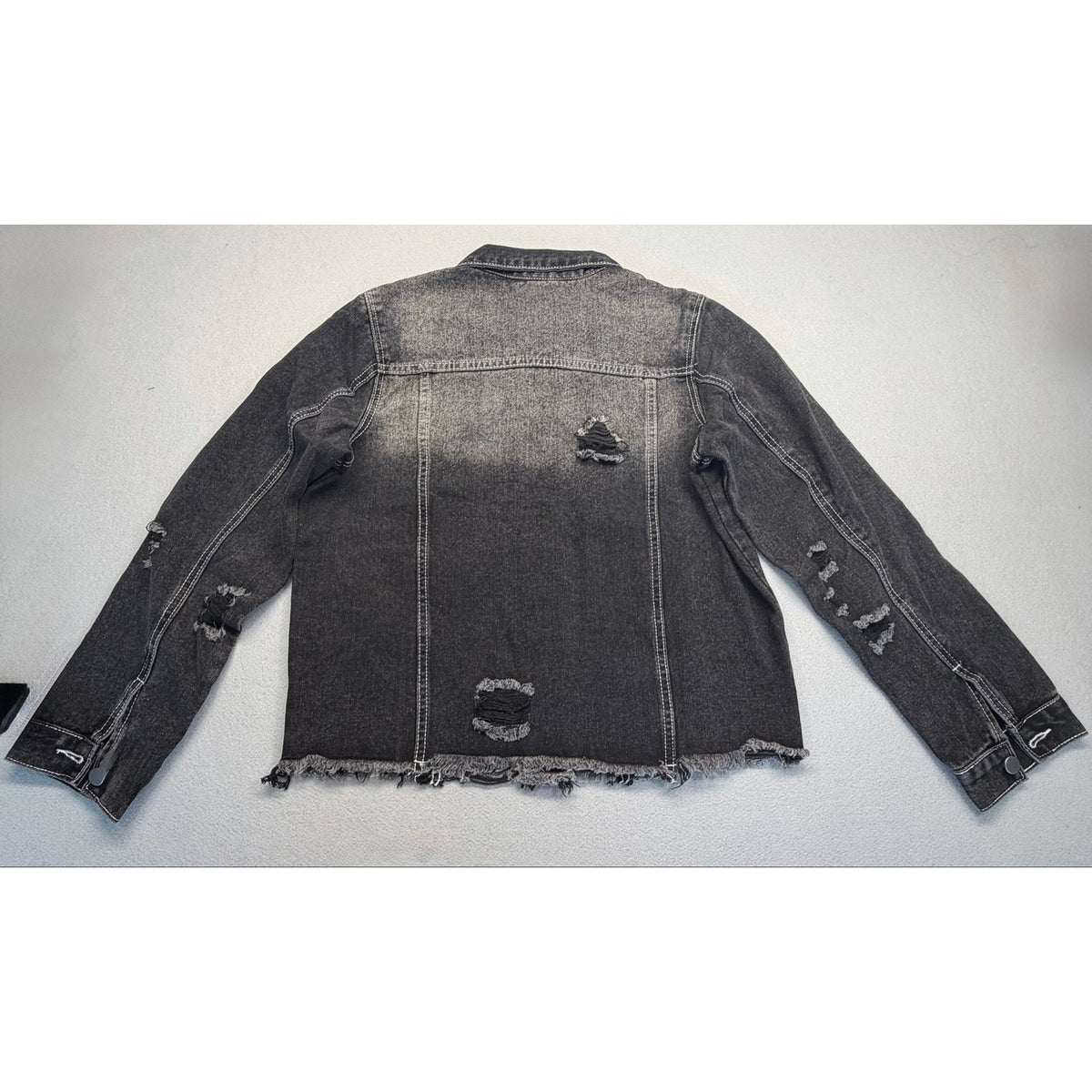 Women's Washed Distressed Cropped Raw Hem Black Denim Jacket Size S