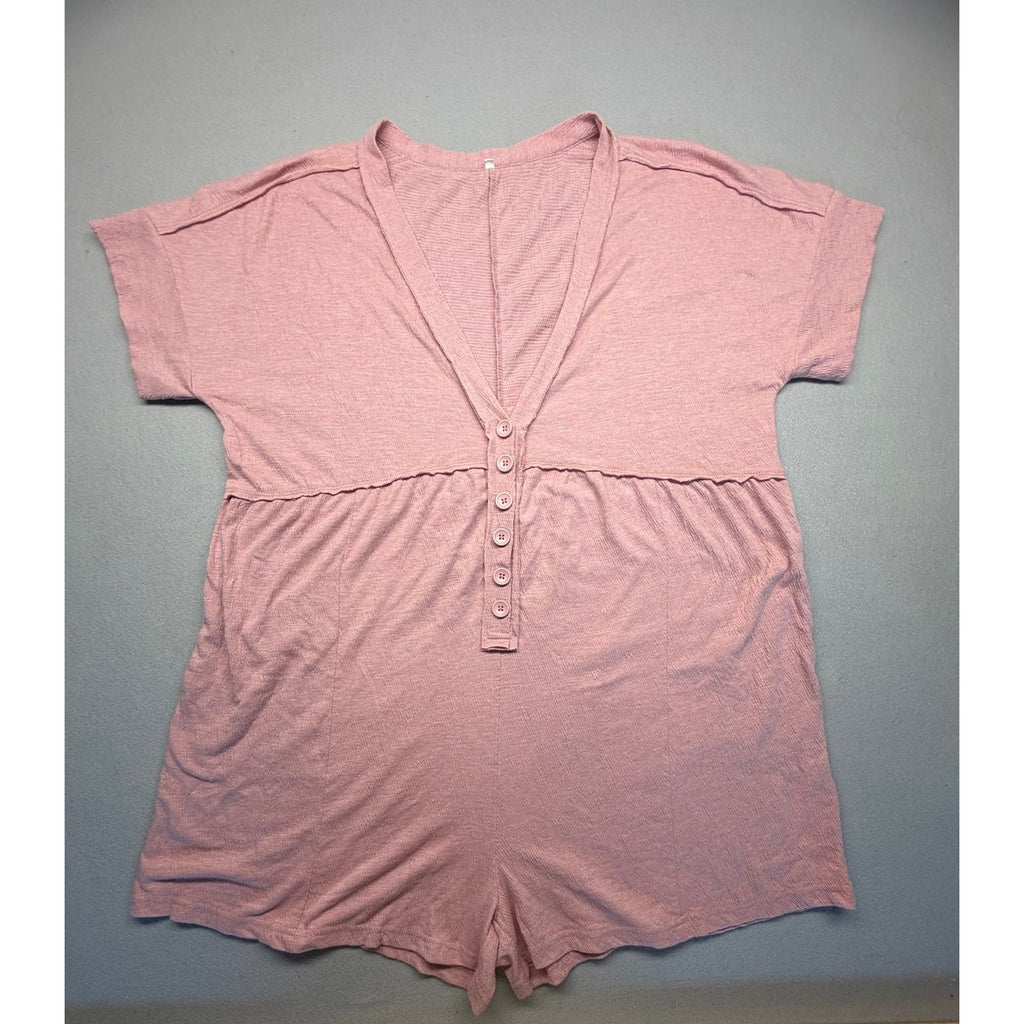Dusty Rose Textured Knit V-Neck Henley Romper with Pockets - Extra Large XL