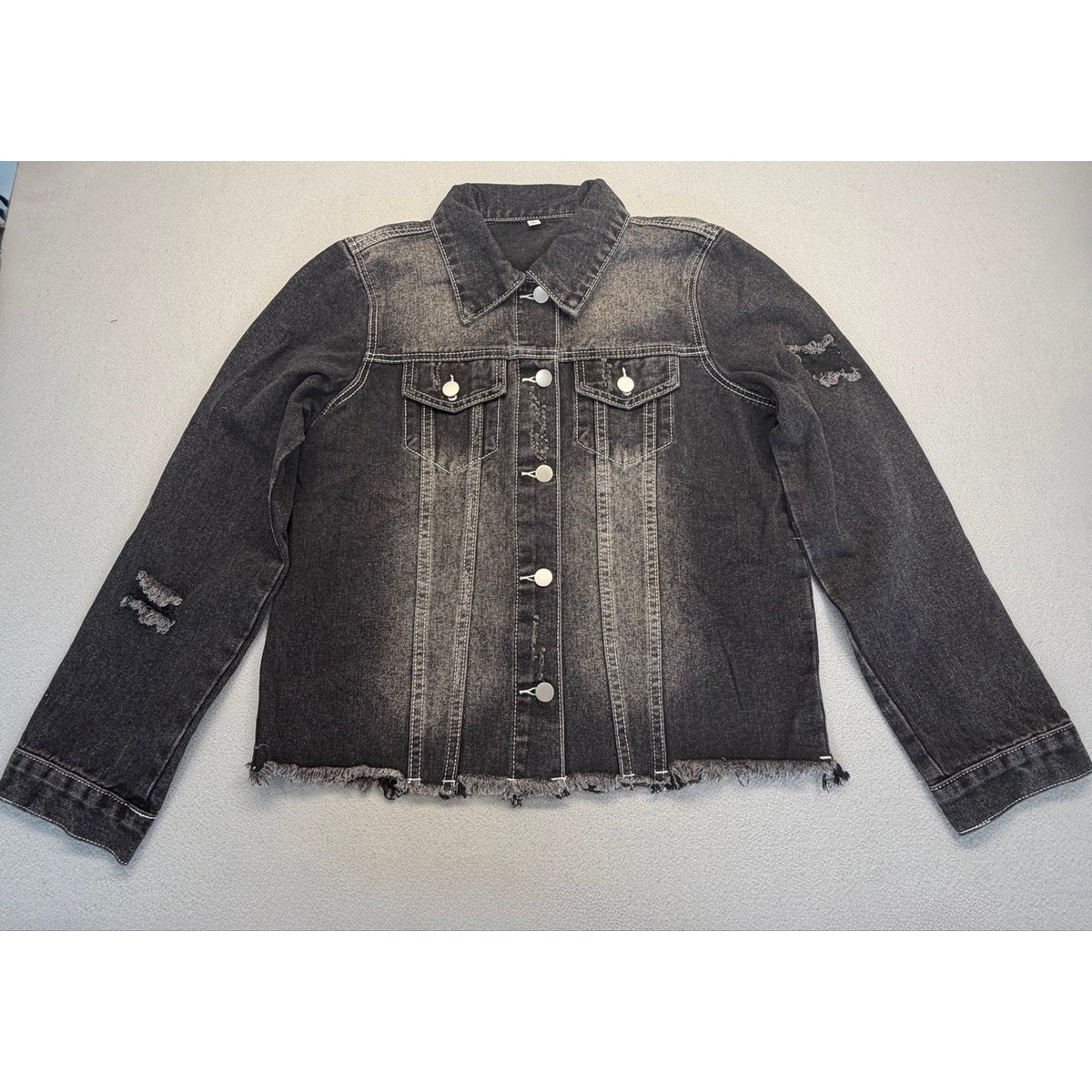 Women's Washed Distressed Cropped Raw Hem Black Denim Jacket Size S