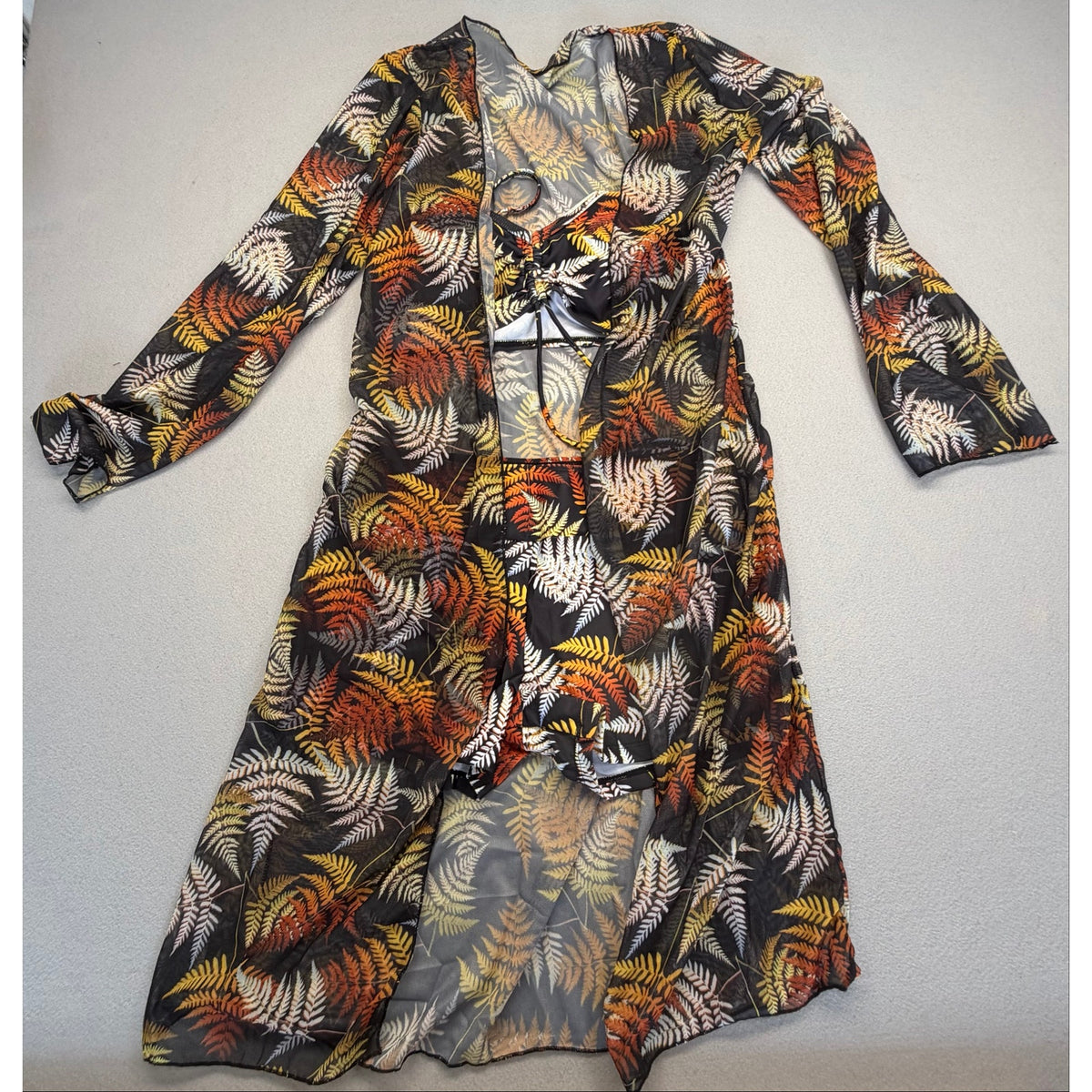 3 pc Women's Tropical Leaf Print Front Tie Bikini High Waist Shorts Swimwear with Kimono Cover Up Size M
