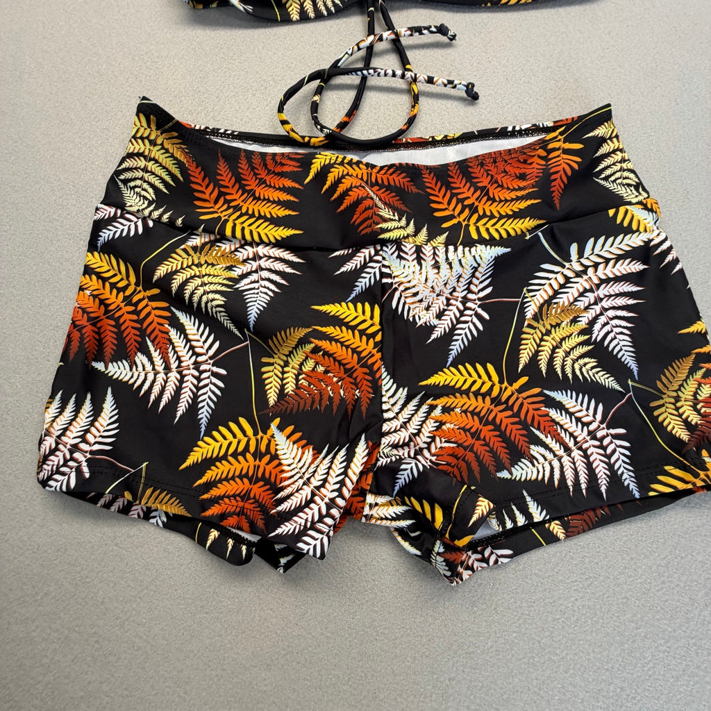 3 pc Women's Tropical Leaf Print Front Tie Bikini High Waist Shorts Swimwear with Kimono Cover Up Size M