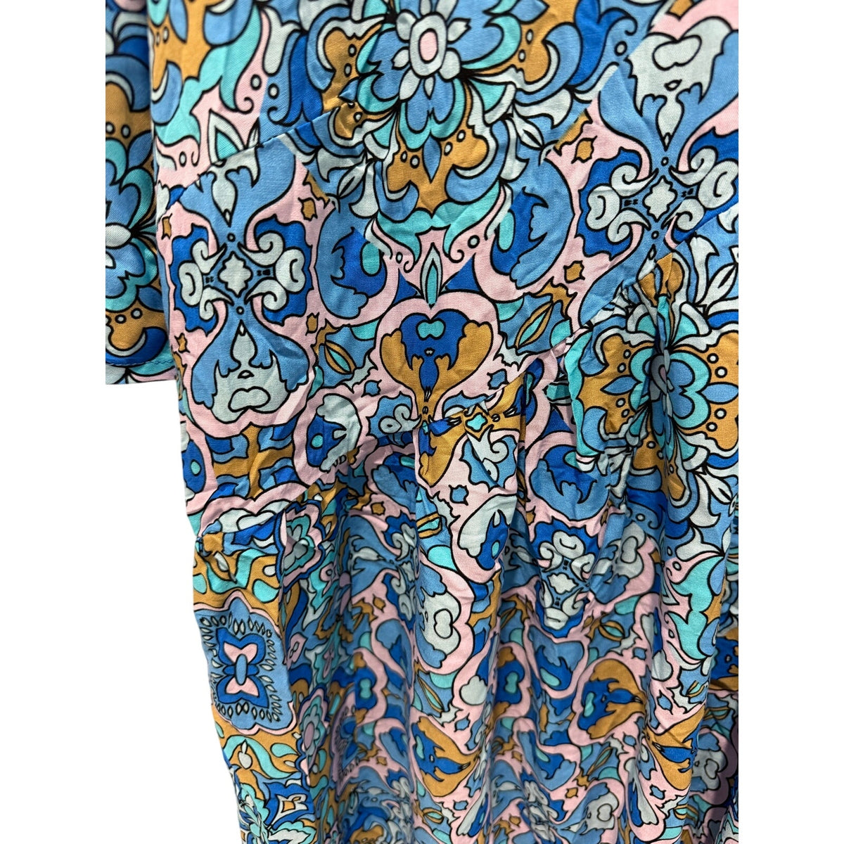 NWT Rusttydustty Boho Floral V-Neck Tiered Mini Midi Dress Blue Multi 1XL Crochet Trim
