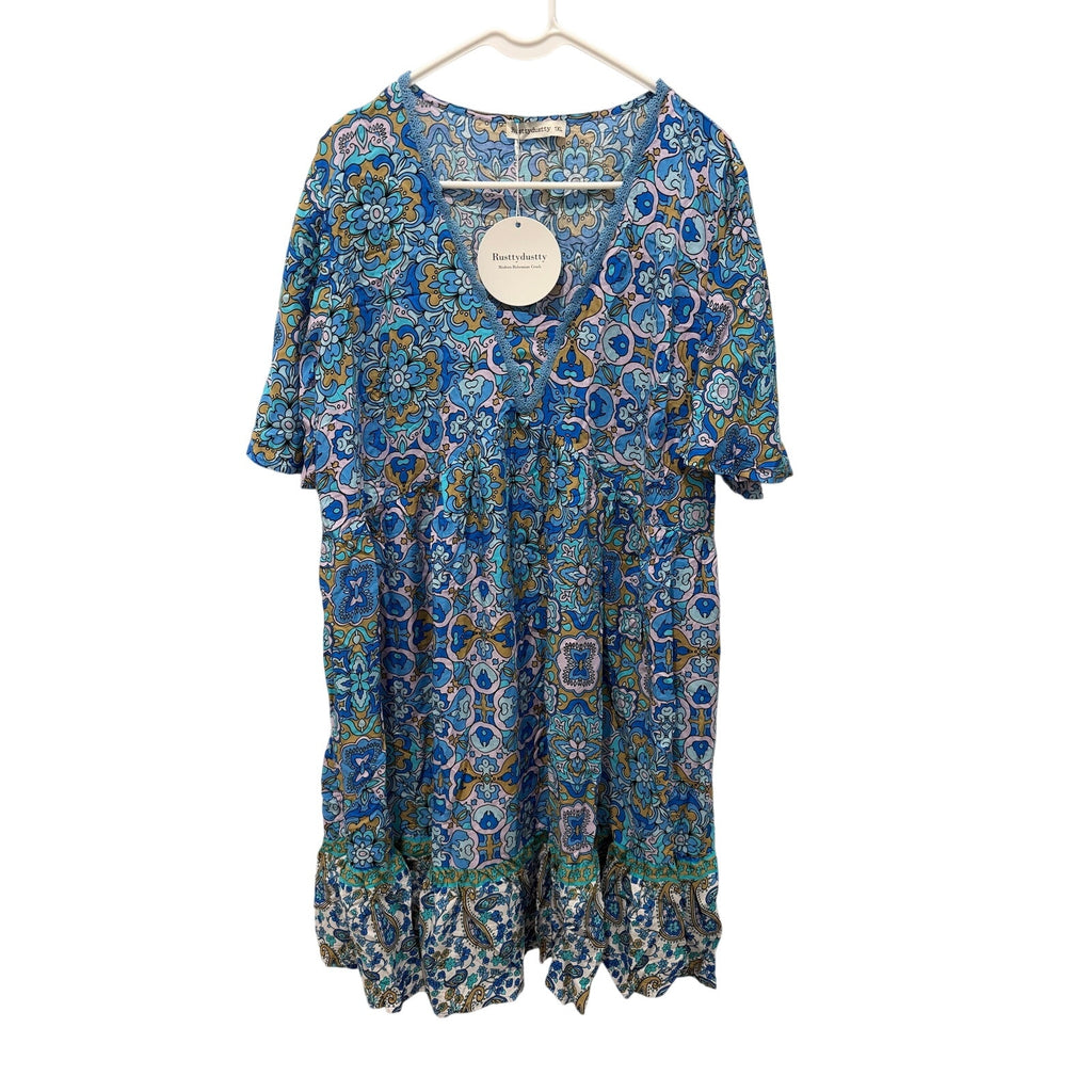 NWT Rusttydustty Boho Floral V-Neck Tiered Mini Midi Dress Blue Multi 1XL Crochet Trim