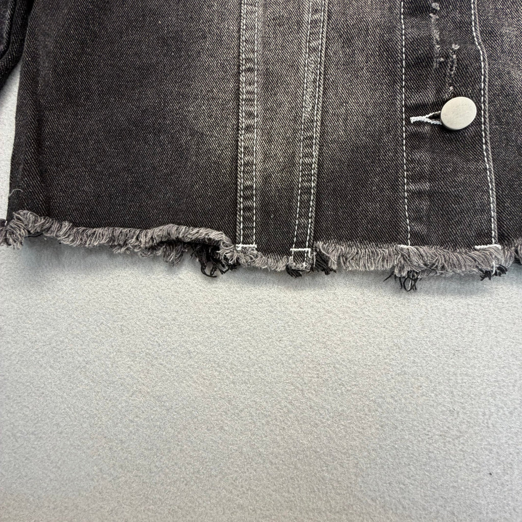 Women's Washed Distressed Cropped Raw Hem Black Denim Jacket Size S