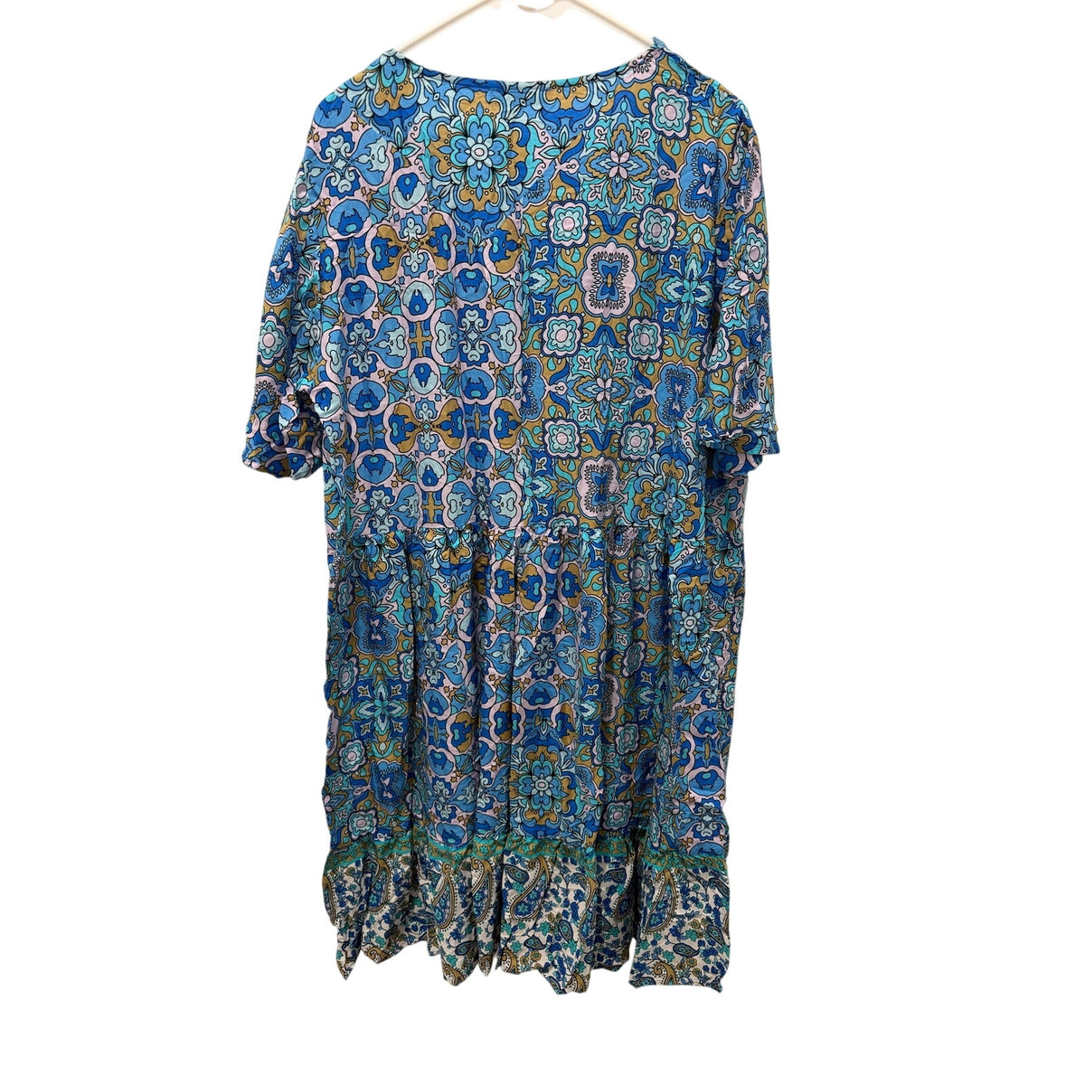 NWT Rusttydustty Boho Floral V-Neck Tiered Mini Midi Dress Blue Multi 1XL Crochet Trim