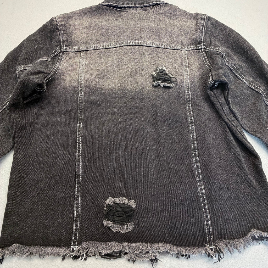 Women's Washed Distressed Cropped Raw Hem Black Denim Jacket Size S