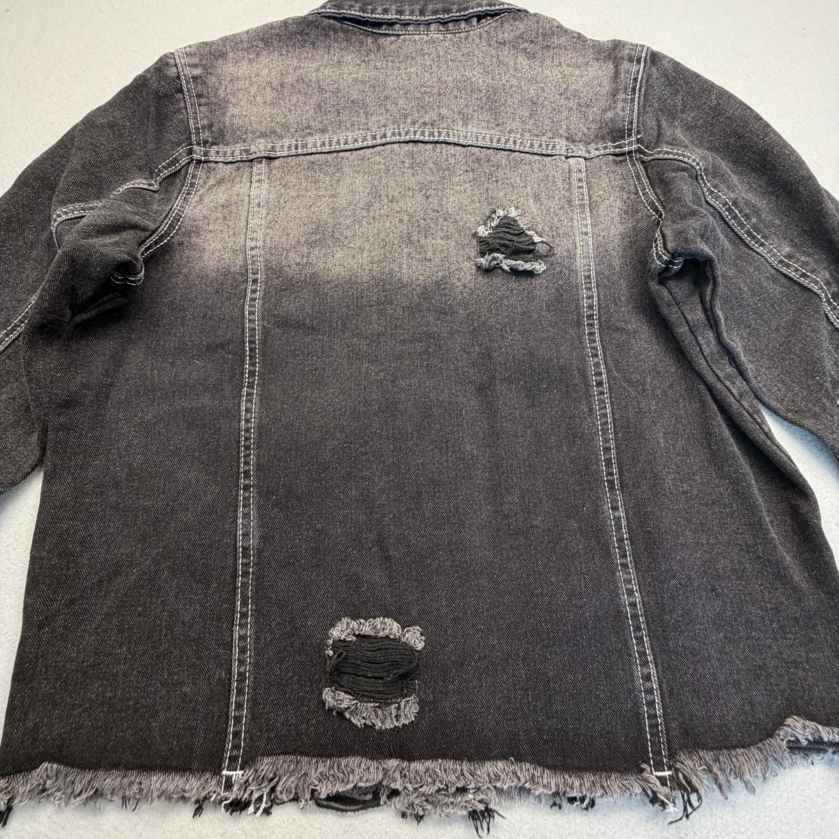 Women's Washed Distressed Cropped Raw Hem Black Denim Jacket Size S