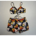 3 pc Women's Tropical Leaf Print Front Tie Bikini High Waist Shorts Swimwear with Kimono Cover Up Size M