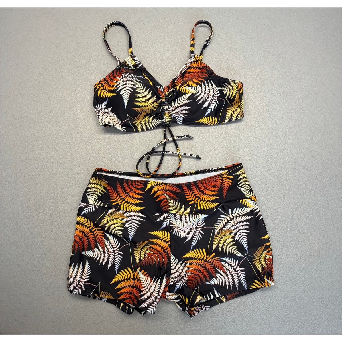 3 pc Women's Tropical Leaf Print Front Tie Bikini High Waist Shorts Swimwear with Kimono Cover Up Size M