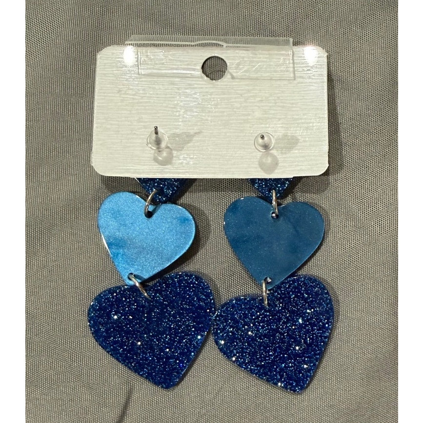 "Love Mom" Royal Blue Glitter Heart Dangle Earrings