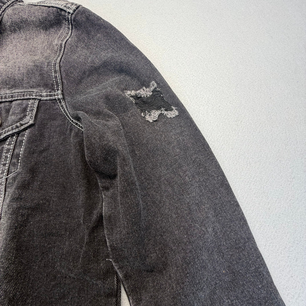 Women's Washed Distressed Cropped Raw Hem Black Denim Jacket Size S