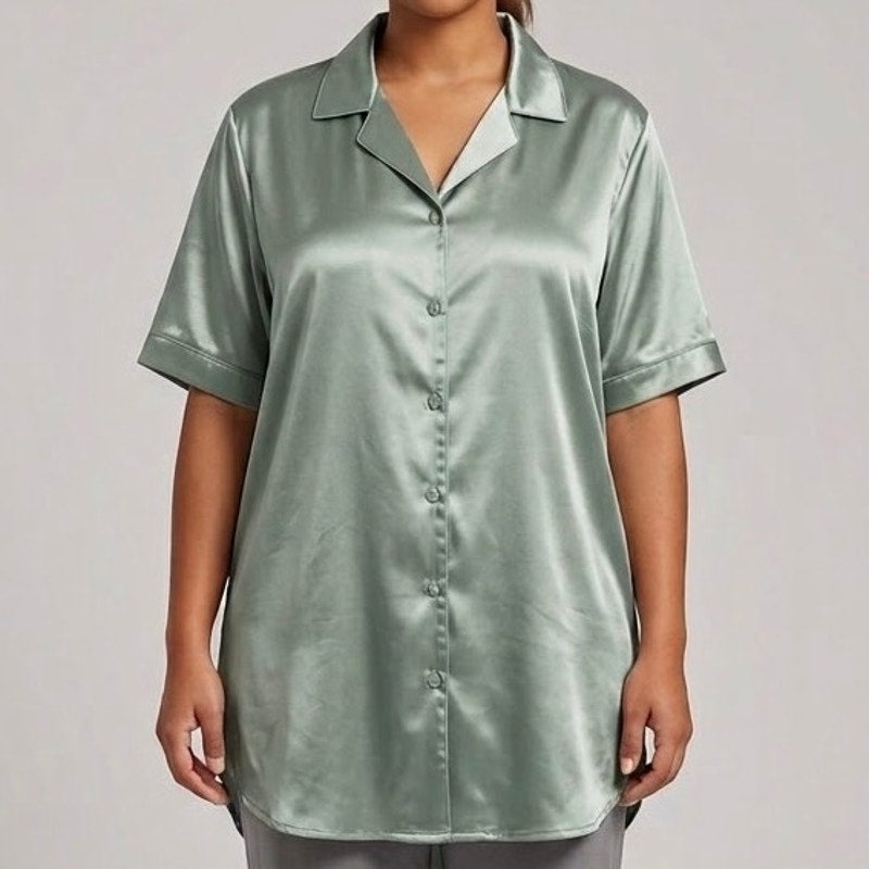 Ekouaer Silky Satin Short Sleeve Button-Down Nightshirt - Mint Green