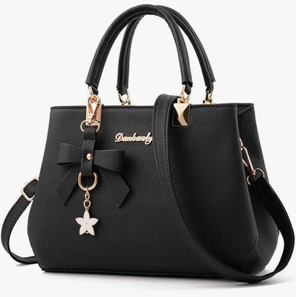 Top-Handle Handbag Crossbody Purse for Women Black with Bowtie Purse Charm