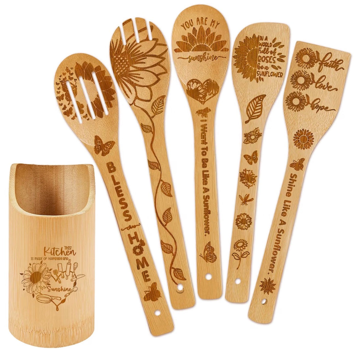 6 Piece Sunflower Bamboo Spoon Set for Kitchen