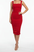 Red Ruched Midi Wide Strap Dress Size XL