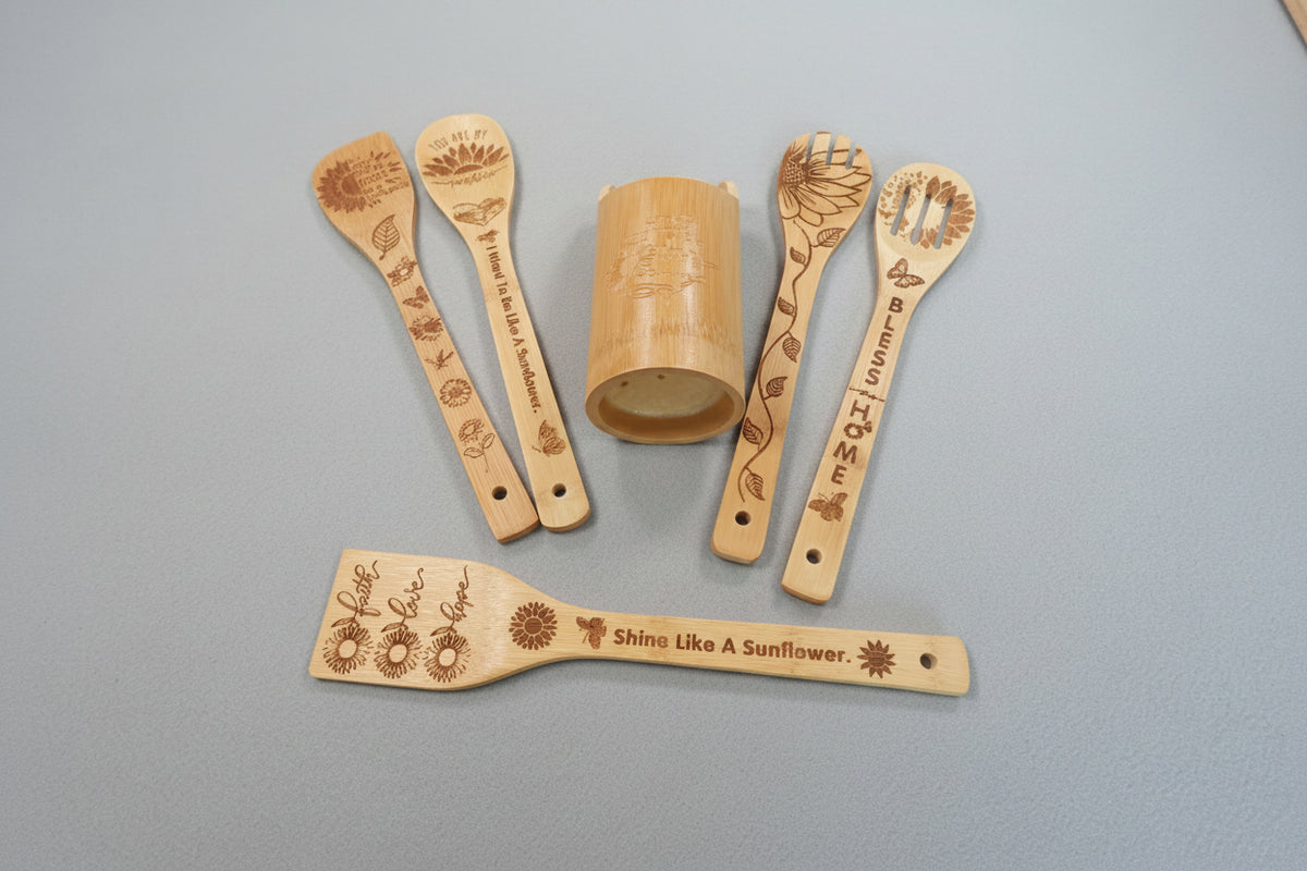 6 Piece Sunflower Bamboo Spoon Set for Kitchen