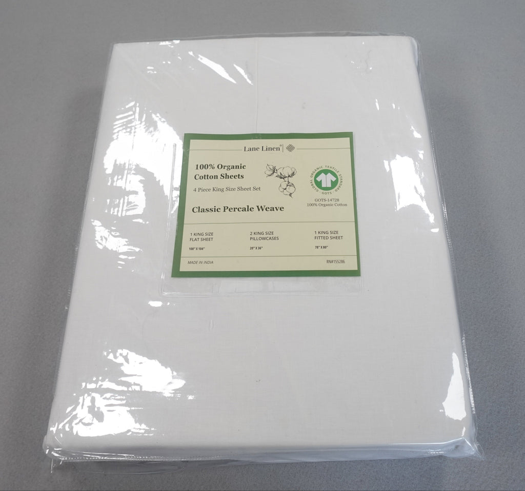 Lane Linen 100% Organic Cotton Classic Percale Weave 4 piece King Sheet Set  in White