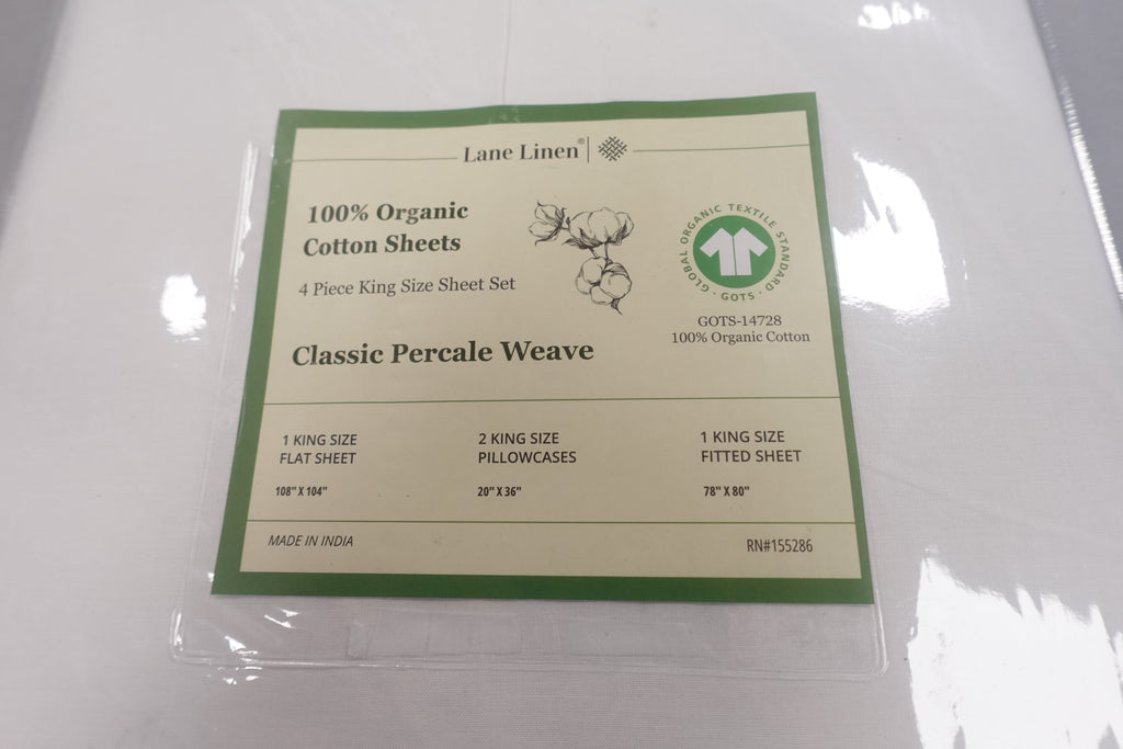 Lane Linen 100% Organic Cotton Classic Percale Weave 4 piece King Sheet Set  in White