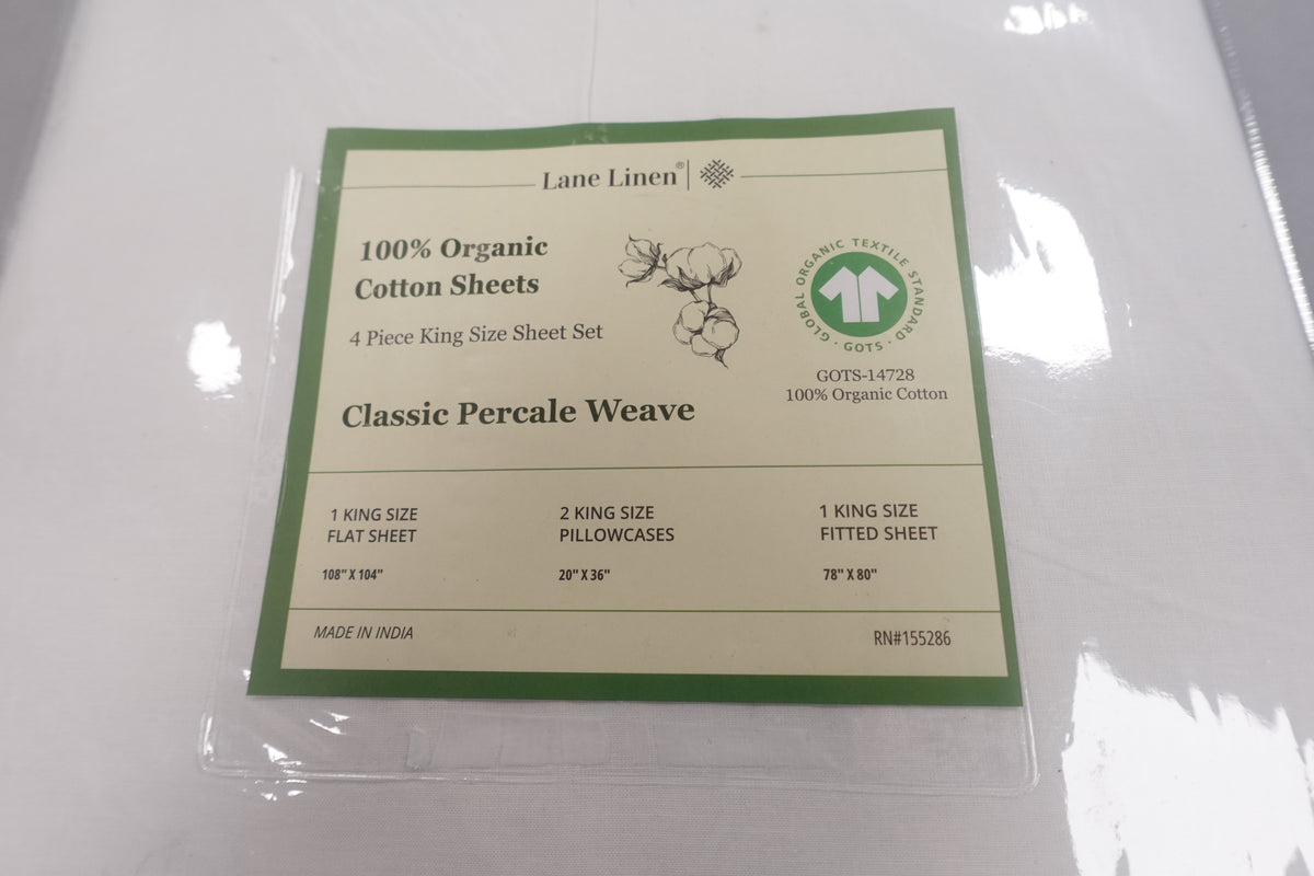 Lane Linen 100% Organic Cotton Classic Percale Weave 4 piece King Sheet Set  in White