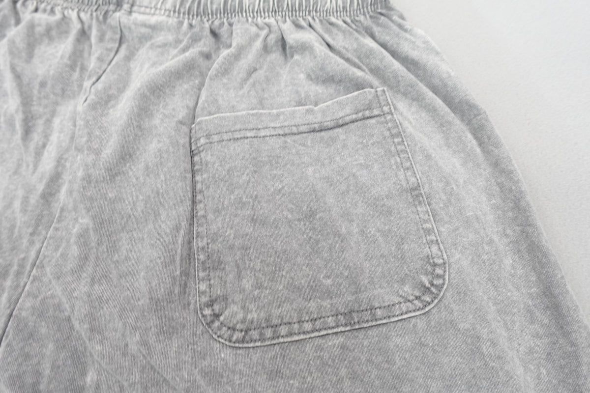Gray acid washed men women  cotton jogger shorts with drawstring elastic waist size M