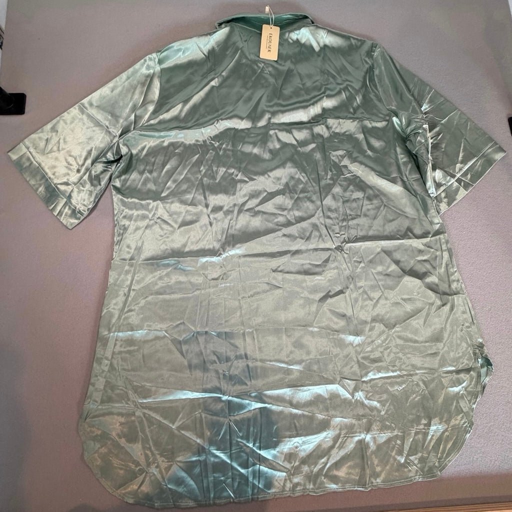 Ekouaer Silky Satin Short Sleeve Button-Down Nightshirt - Mint Green