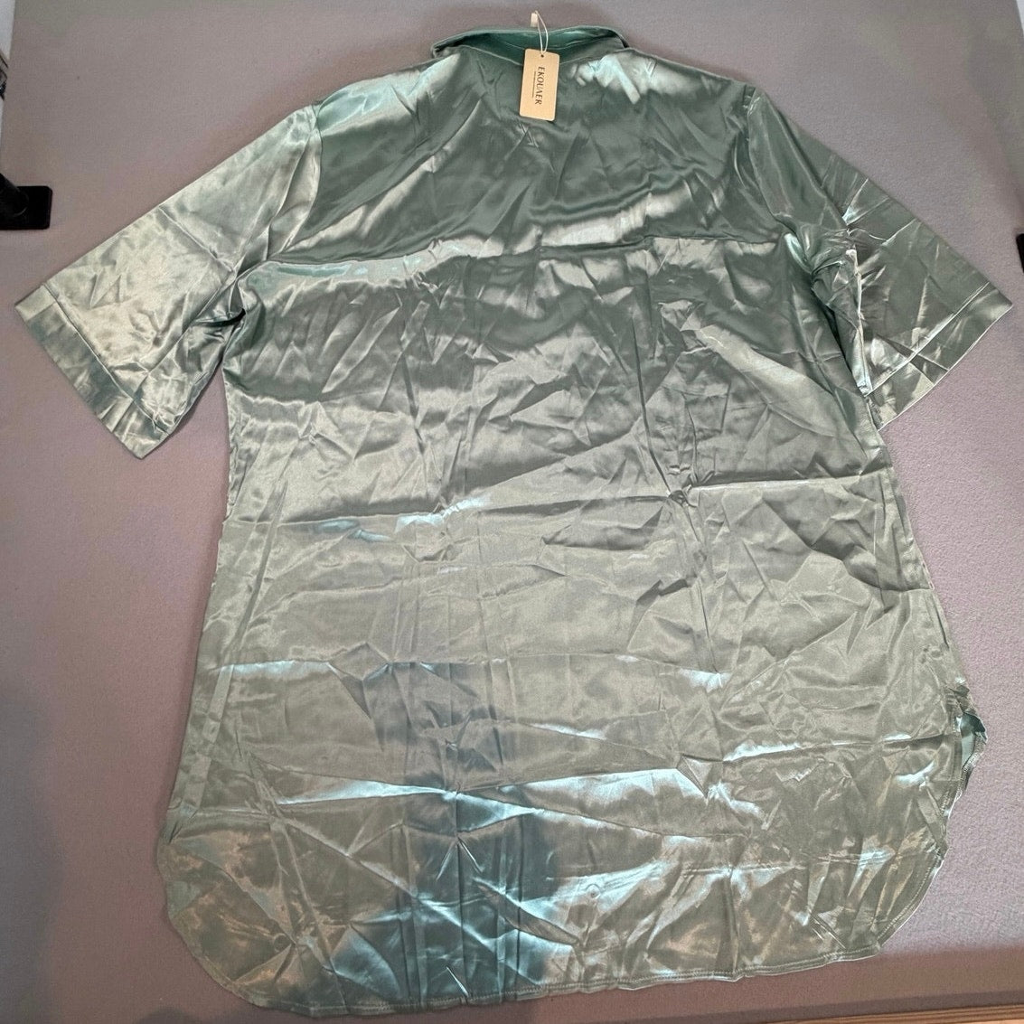 Ekouaer Silky Satin Short Sleeve Button-Down Nightshirt - Mint Green