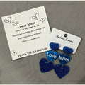"Love Mom" Royal Blue Glitter Heart Dangle Earrings