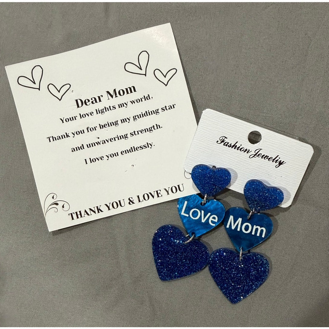 "Love Mom" Royal Blue Glitter Heart Dangle Earrings