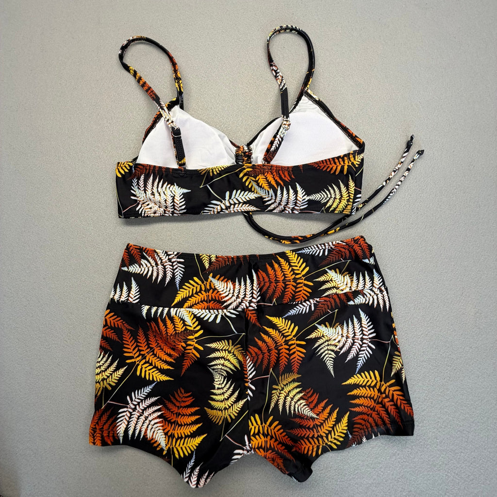 3 pc Women's Tropical Leaf Print Front Tie Bikini High Waist Shorts Swimwear with Kimono Cover Up Size M