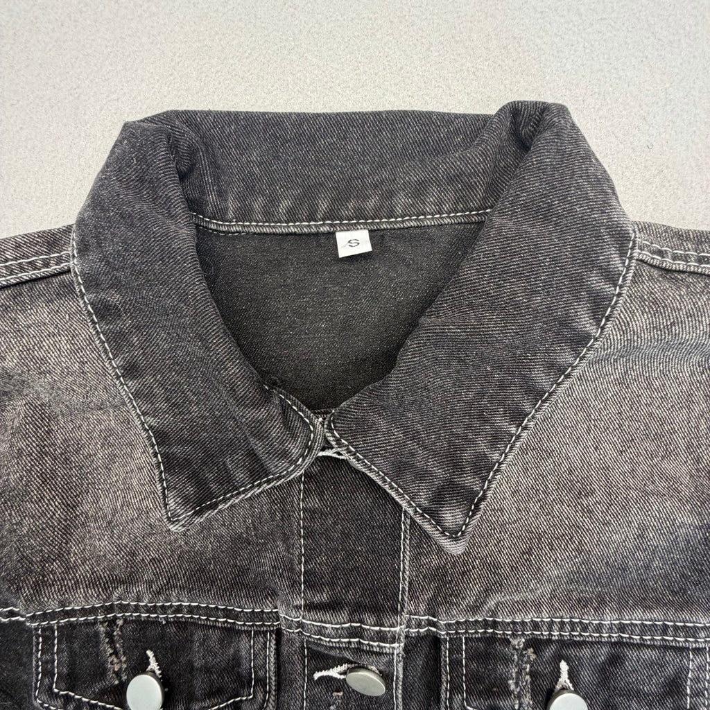 Women's Washed Distressed Cropped Raw Hem Black Denim Jacket Size S
