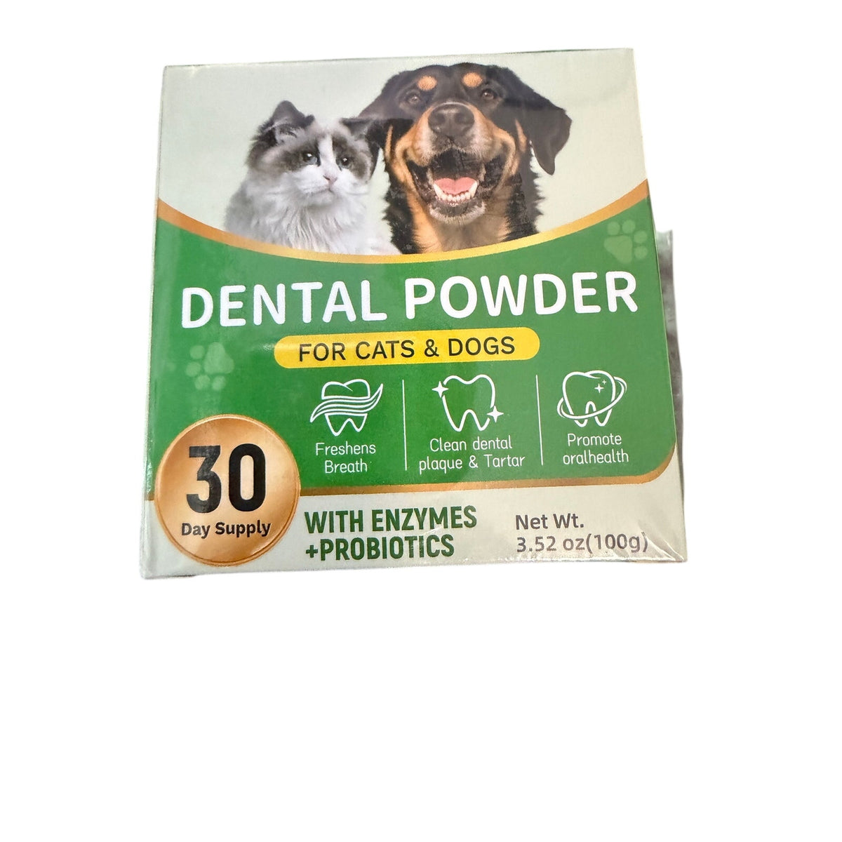 Pet Dental Powder for Cats & Dogs – Plaque & Tartar Remover with Enzymes & Probiotics (3.52 oz / 100g)