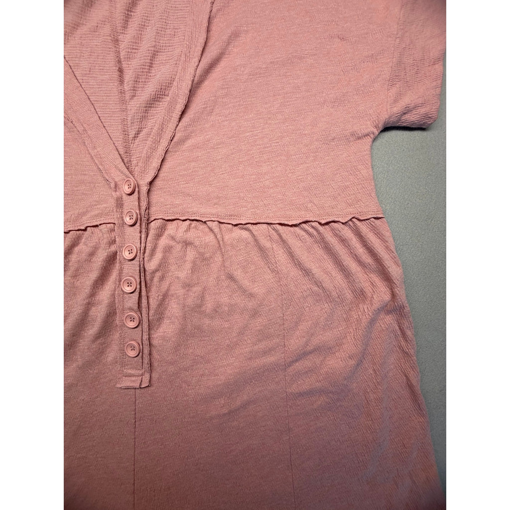 Dusty Rose Textured Knit V-Neck Henley Romper with Pockets - Extra Large XL