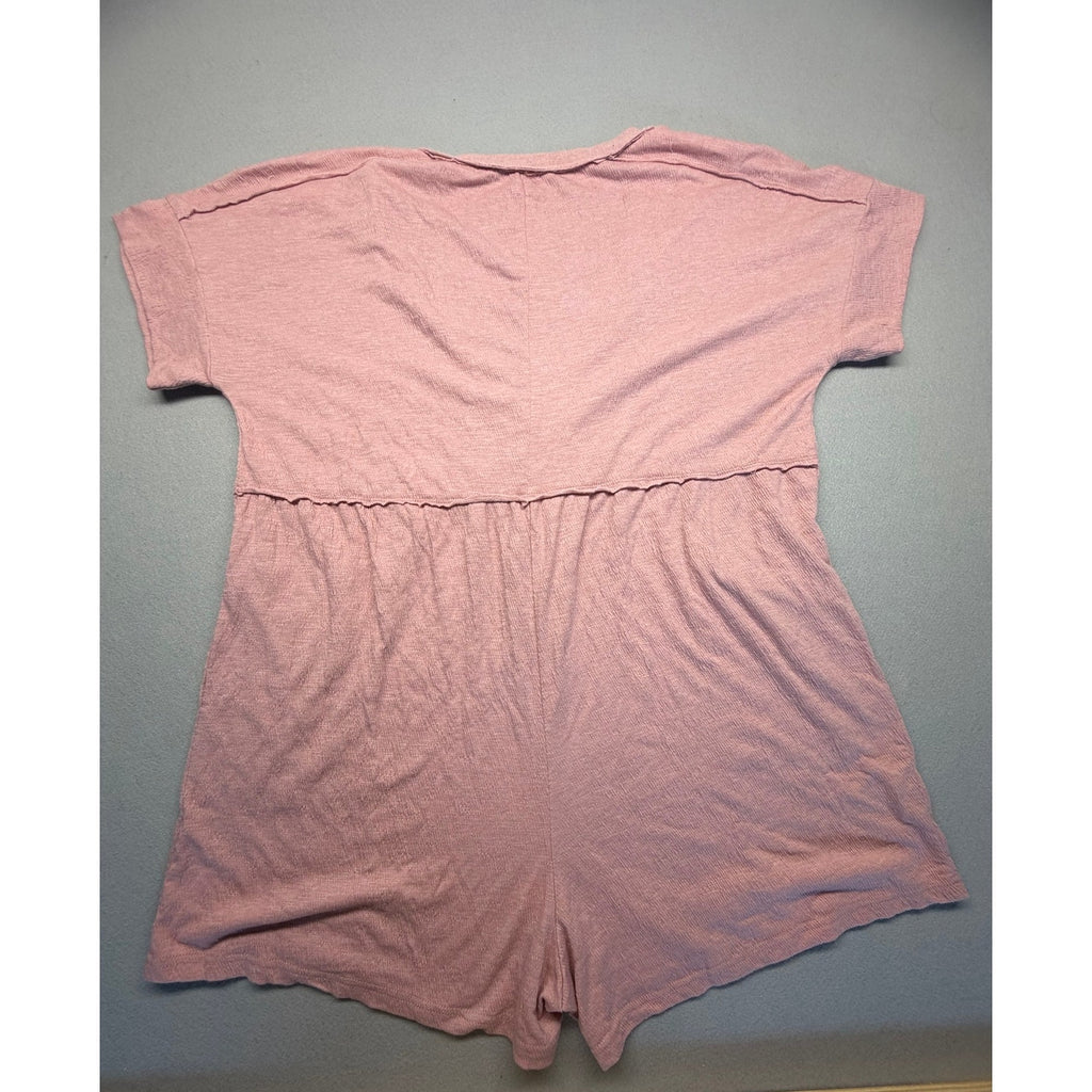Dusty Rose Textured Knit V-Neck Henley Romper with Pockets - Extra Large XL