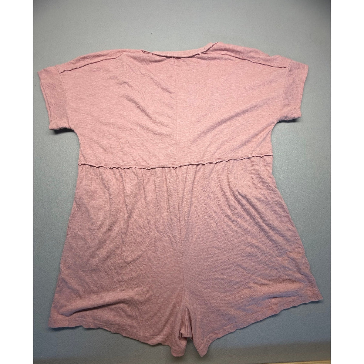 Dusty Rose Textured Knit V-Neck Henley Romper with Pockets - Extra Large XL