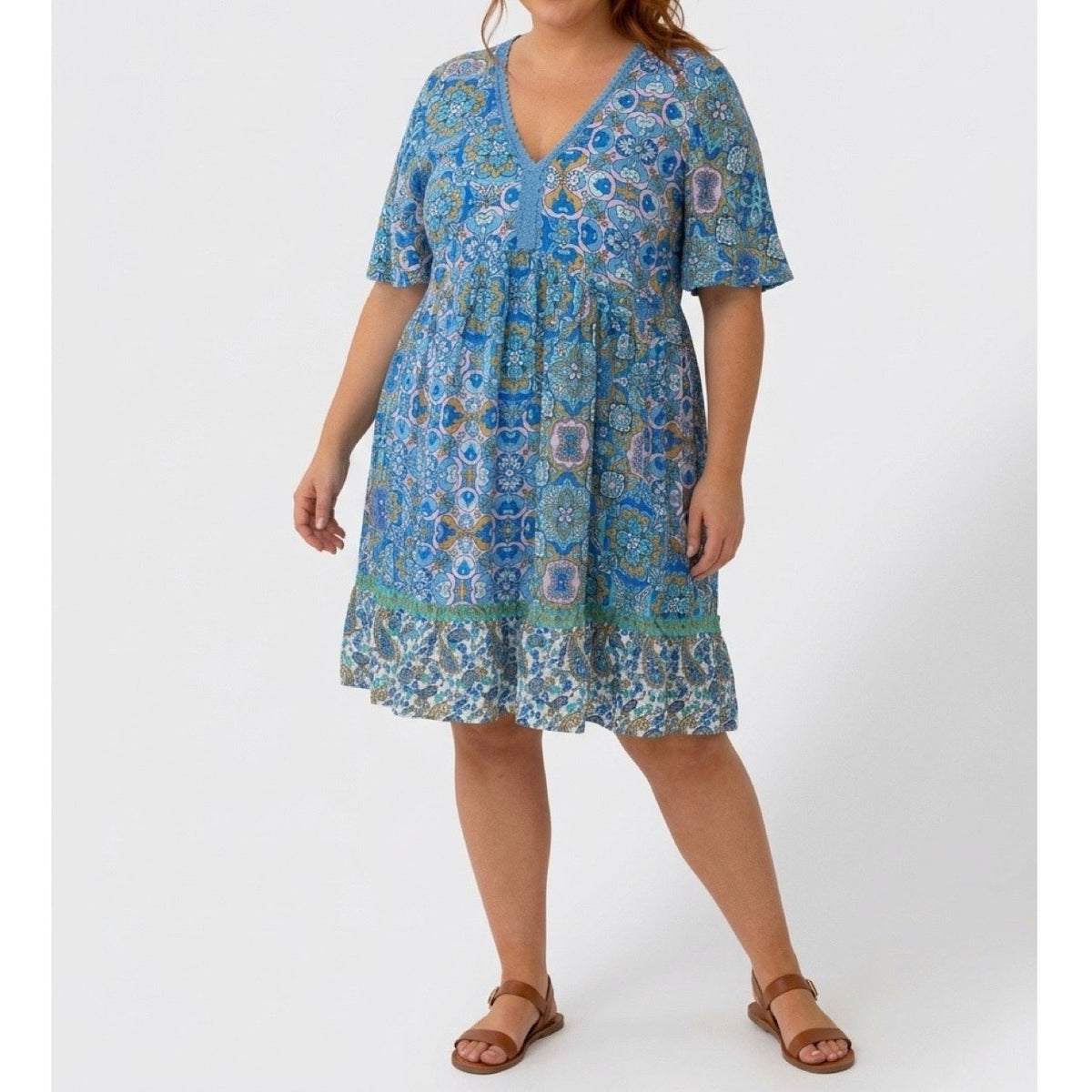 NWT Rusttydustty Boho Floral V-Neck Tiered Mini Midi Dress Blue Multi 1XL Crochet Trim